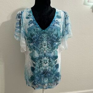 Roz & Ali Blue Floral Lace Blouse